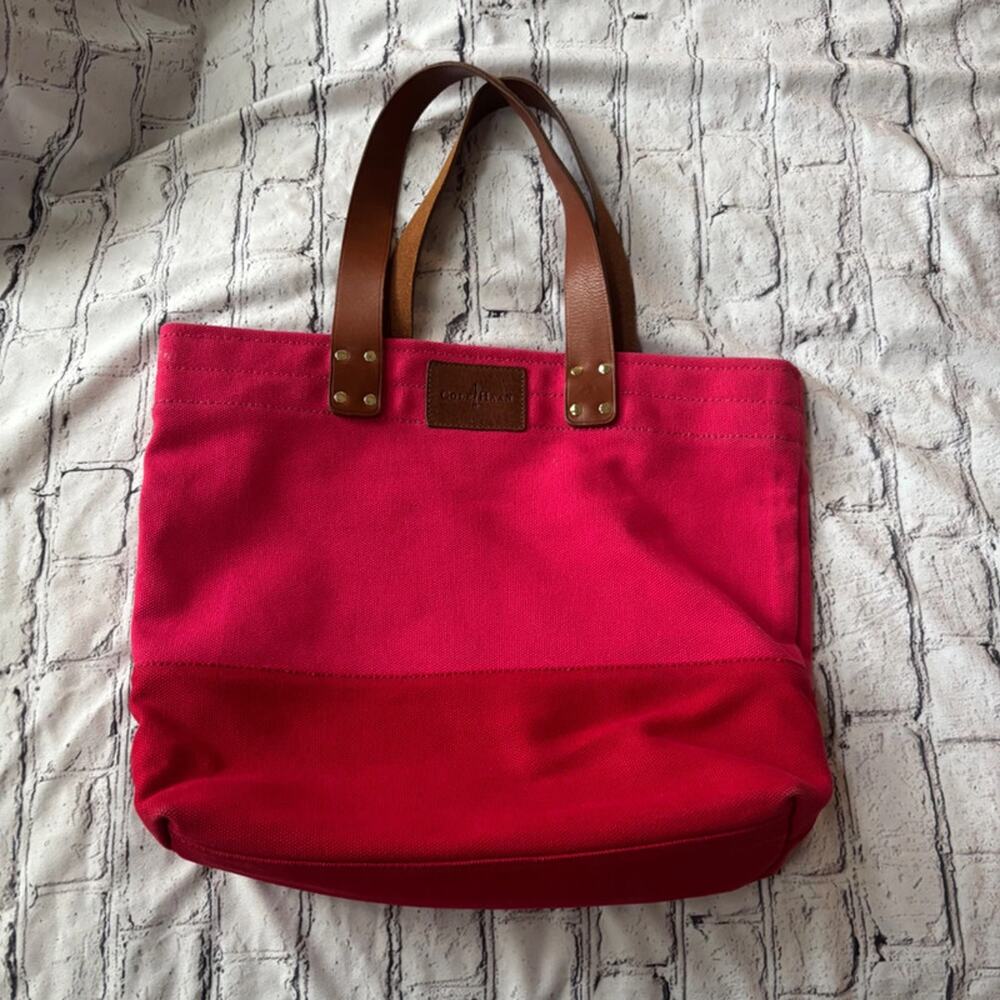 Cole Hahn Bright Pink Canvas Tote Bag Pockets Leather Handles Large